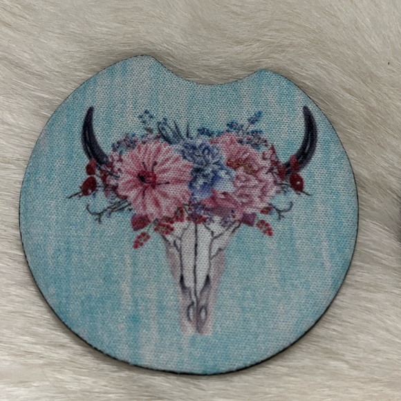 Hand Crafted Other - Car Coasters Floral Cow Skull - set of 2